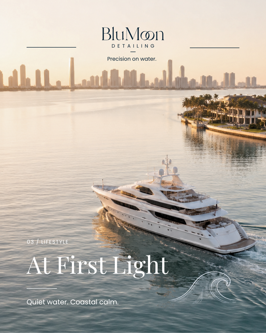 Luxury yacht on calm water at sunrise in South Florida